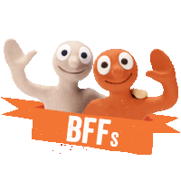 two cartoon characters are standing next to each other with an orange ribbon that says bffs