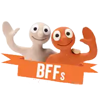 two cartoon characters are standing next to each other with an orange ribbon that says bffs