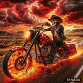 a picture of a skeleton riding a flaming motorcycle with the word tenada underneath it