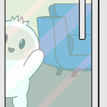 a cartoon drawing of a yeti standing next to a blue couch