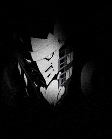 a black and white drawing of a man with a hat and a gun in a dark room .