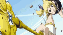 a girl in a white dress is flying through the air while holding a yellow hammer .