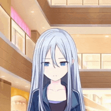a anime girl with long white hair and blue eyes is standing in a mall .
