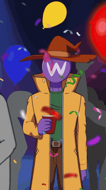 a cartoon character with a w on his face is holding a cup