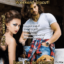 a man and a woman sitting next to each other with the words weekend placut written above them