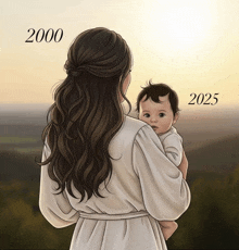 a drawing of a woman holding a baby with the years 2000 and 2025 on the bottom