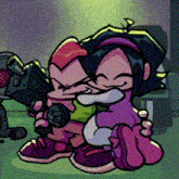 a cartoon character is holding a gun and a microphone while another character looks on .