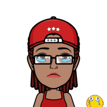 a cartoon of a woman wearing glasses and a red hat is crying