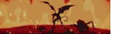 a silhouette of a dragon with wings is standing in a field of fire
