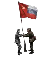 two soldiers holding a flag with a red hammer and sickle on it