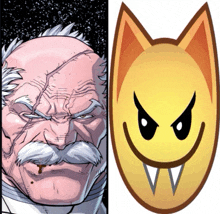 a cartoon of a man with a mustache next to a smiley face