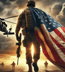 a soldier with an american flag draped over his shoulders stands in front of a helicopter