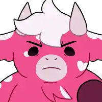 a cartoon drawing of a pink cow with an angry expression