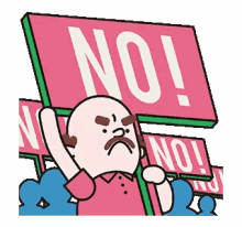 a cartoon man with a mustache is holding a sign that says `` no '' .