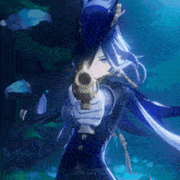 a girl with long blue hair is pointing a gun at the camera with the word " akane " below her