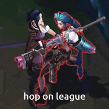 a video game character with the words hop on league written on the bottom
