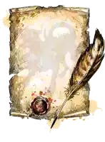 a drawing of a scroll with a feather and a seal on it