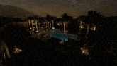 a swimming pool is lit up at night with palm trees