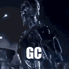 a robot is holding a gun in front of a purple light and says `` gc '' .