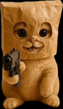 a cat wearing a paper bag on its head holding a gun