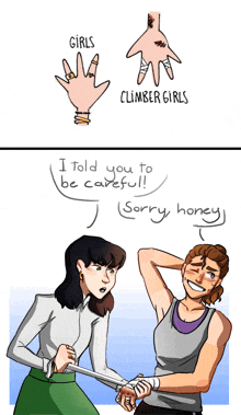 a cartoon of a woman holding another woman 's hand and the words girls and climber girls