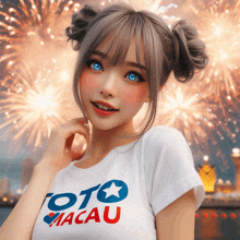 a girl with blue eyes is wearing a white shirt that says toto macau