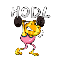 a cartoon of a frog lifting a barbell with the word hodl below it