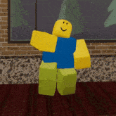 a roblox character is standing in front of a window with trees in the background