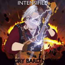 a cartoon of a man holding a guitar with the words intensified on the bottom