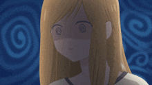 a girl with blonde hair is making a swirling face in front of a blue background