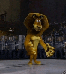 a cartoon lion is standing in front of a police line .