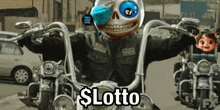 a man riding a motorcycle with the words $ lotto written on the front