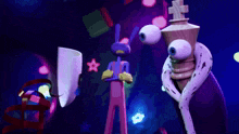 a cartoon character with big eyes is standing next to a mask