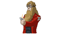 a cartoon drawing of a man with a beard wearing a red jacket