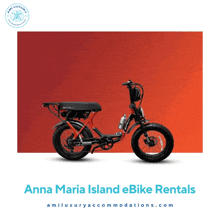 an advertisement for anna maria island ebike rentals shows a motorcycle on the beach