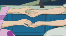 two women are holding hands in a cartoon scene .