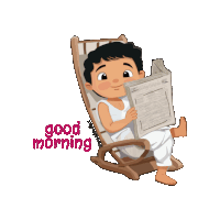 a cartoon of a boy reading a newspaper with the words good morning written below him