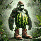 a gorilla with a watermelon on his stomach wearing timberland boots