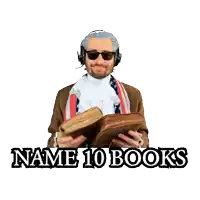 a man holding two books with the words name 10 books below