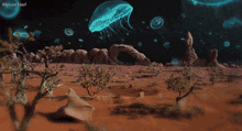 a painting of a desert with jellyfish and the words illusive soul on the bottom