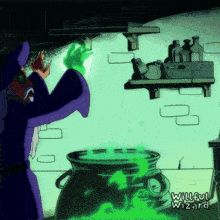 a cartoon of a wizard brewing a potion with the words willful wizard written below him