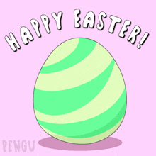 a happy easter greeting card with a penguin in a striped egg