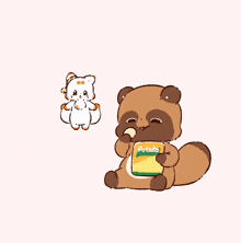 a cartoon drawing of two animals one eating potato chips