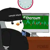 a penguin wearing a hat that says vaneck intern