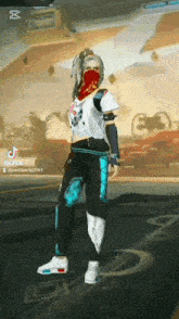 a woman wearing a mask and a white shirt is standing in a video game .