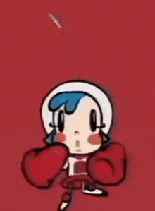 a cartoon character with blue hair and red arms is standing in front of a blue background ..