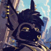 a close up of a furry animal with a city in the background .