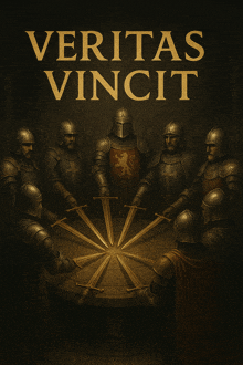 a poster for veritas vincit shows a group of knights sitting around a table