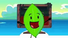 a green leaf is standing in front of a monitor that says likes