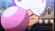 a cartoon character blowing a pink bubblegum balloon